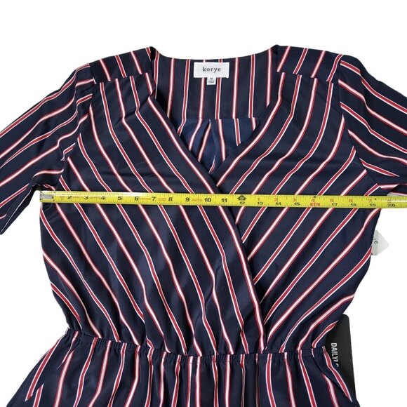 Striped Navy & Red Long-Sleeve Wrap Romper By Korye pockets Size M - Picture 9 of 12